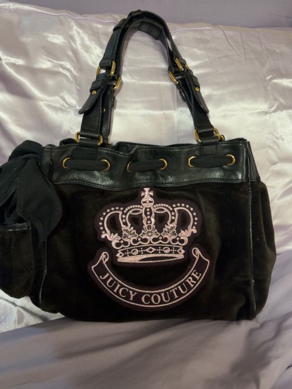 Juicy Couture Black Velvet Shoulder Bag with Pink Crown Embroidery